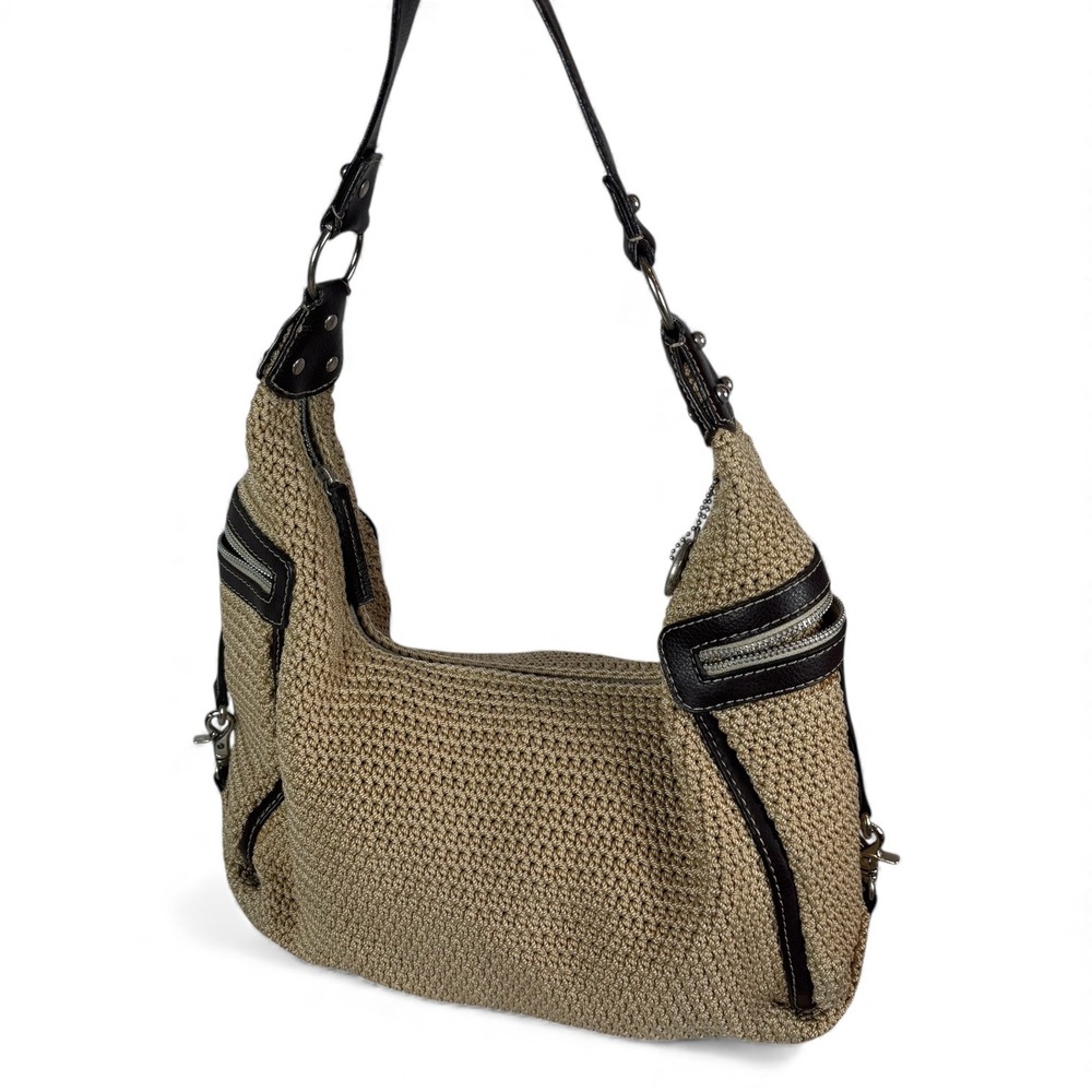 The Sak "Leann" Crochet Hobo Bag Tan Brown Leather‎ Trim Silver Tone Hardware
